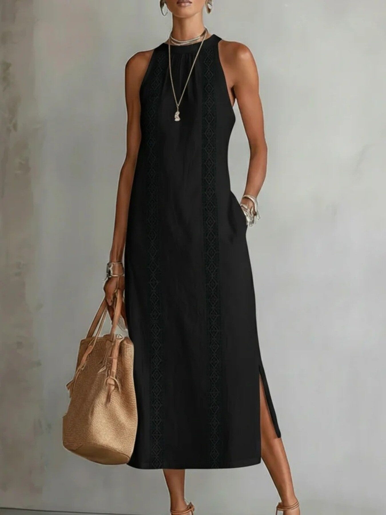 Sleeveless hollow-out midi dress with side slit and pockets, stylish Trendsi dress shown in natural pose and fabric detail.