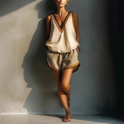 Women's Color-Block V-Neck Sleeveless Top & Shorts Two-Piece Set FitiqueFit