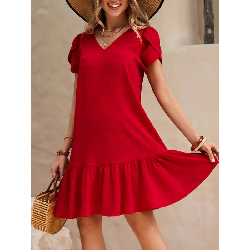 Women's V-Neck A-Line Casual Short Sleeve Dress with Ruffles