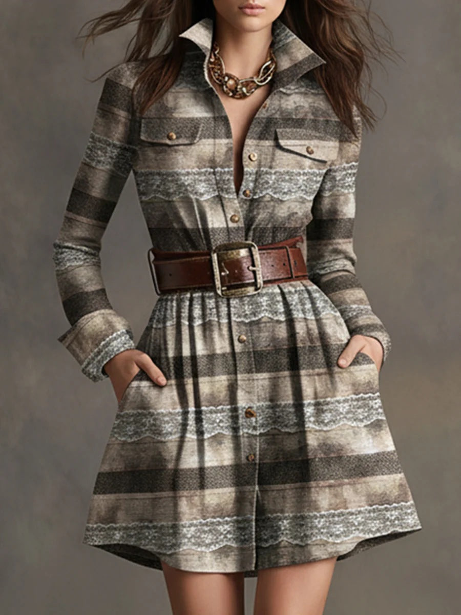 Model wears a beige and brown striped shirt dress with lace trim, a wide brown leather belt, and a statement necklace.