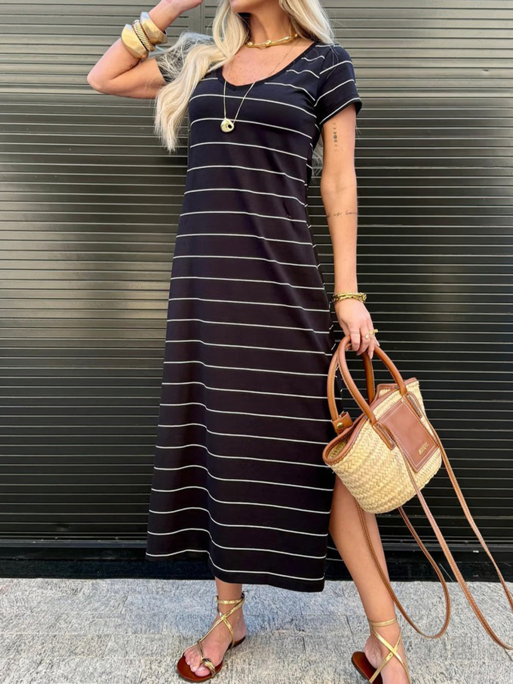 Women's striped cotton midi T-shirt dress with side slit, casual and comfortable, by Trendsi.