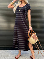 Women's striped cotton midi T-shirt dress with side slit, casual and comfortable, by Trendsi.