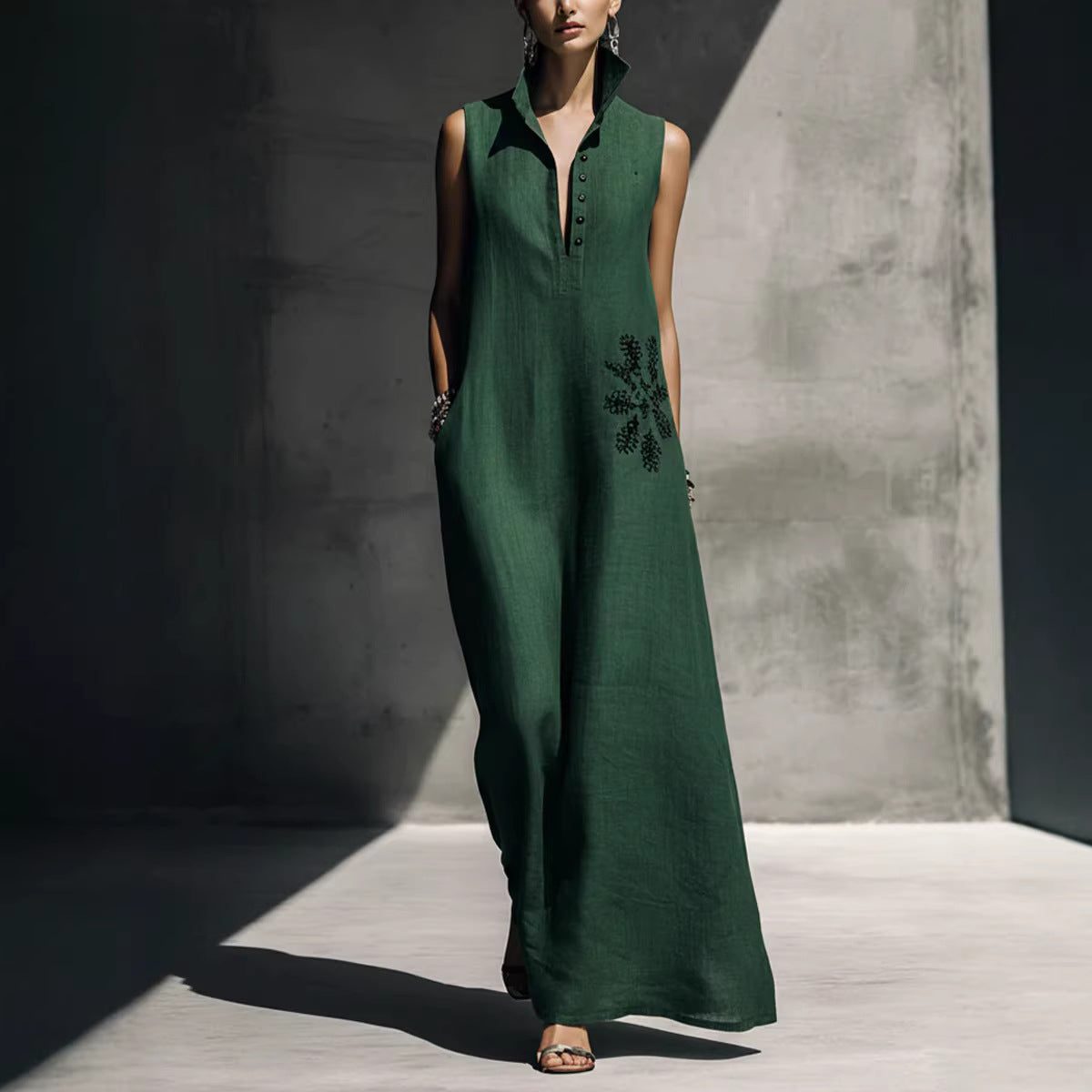 Women's Cotton Linen Mandarin Collar Maxi Dress – Graphic Print with Pockets FitiqueFit