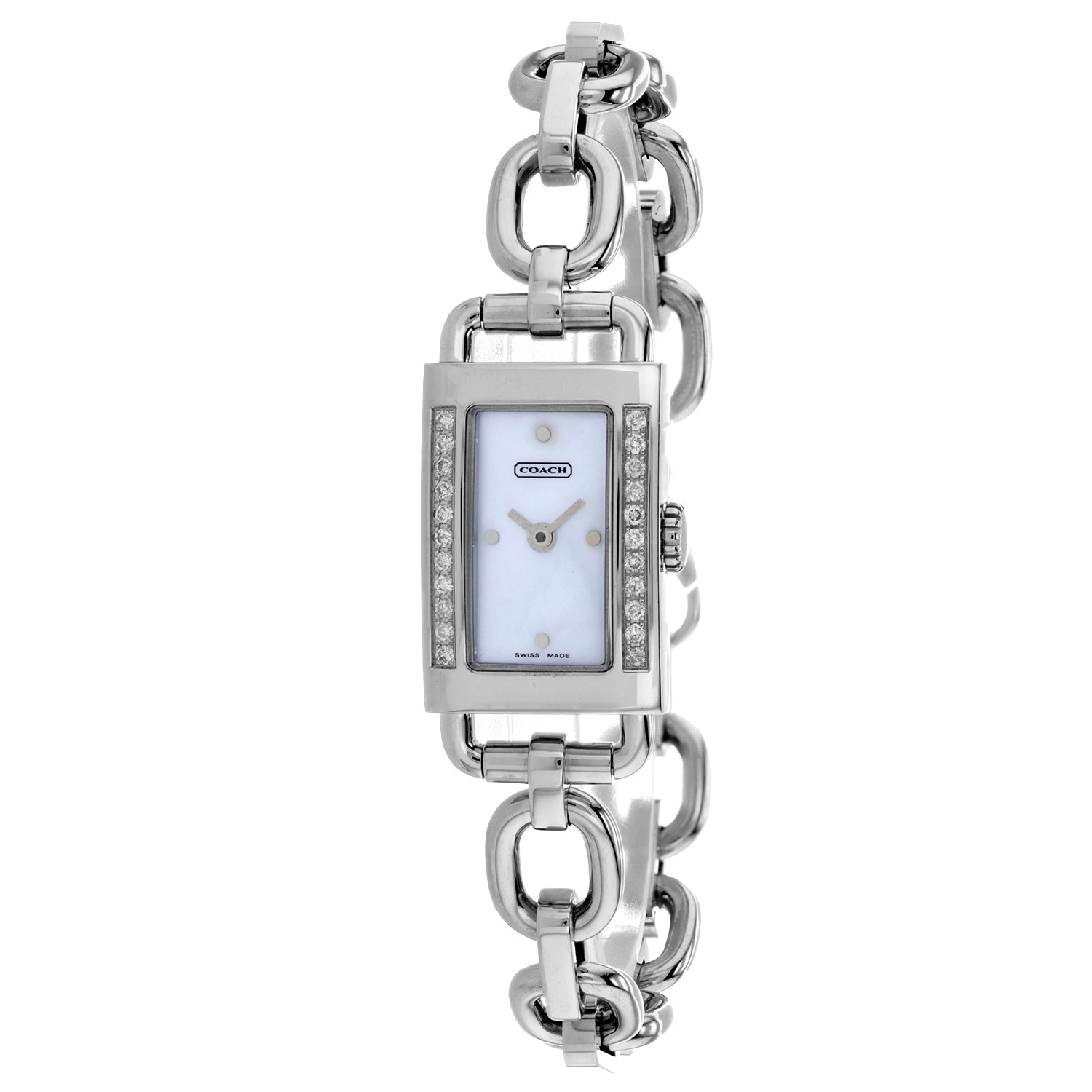 Silver-tone Coach watch with mother-of-pearl rectangular dial, crystal accents, and a distinctive chunky link bracelet.