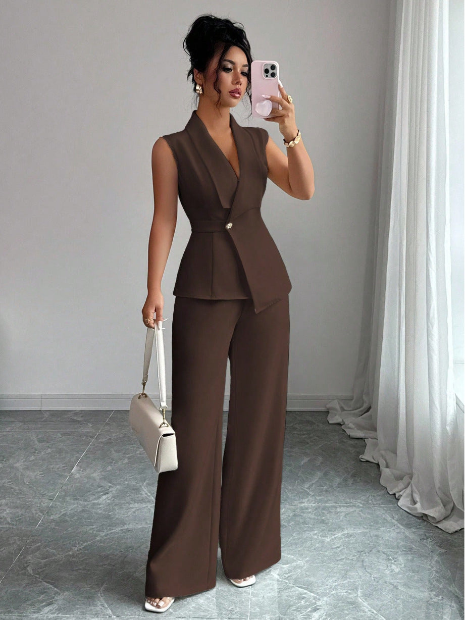 Women's Sleeveless Blazer & Straight-Leg Pants Two-Piece Set FitiqueFit