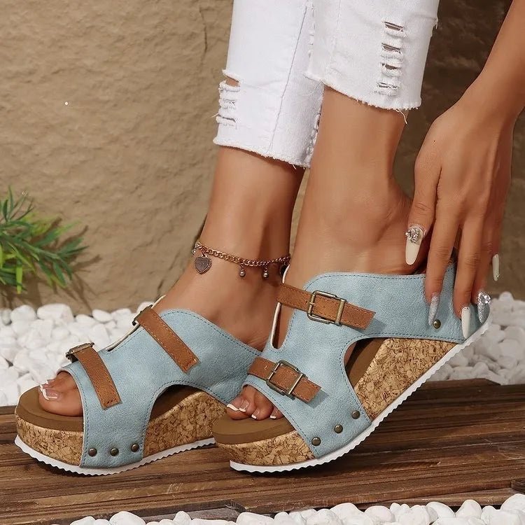 Double Buckle Platform Wedge Sandals - Plush Fashion Hub