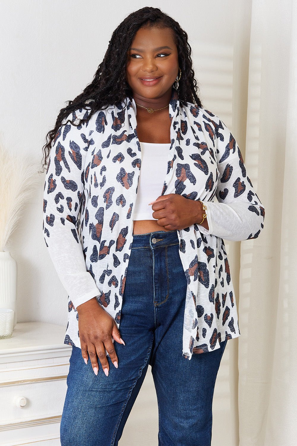 Double Take Leopard Long Sleeve Cardigan - Plush Fashion Hub