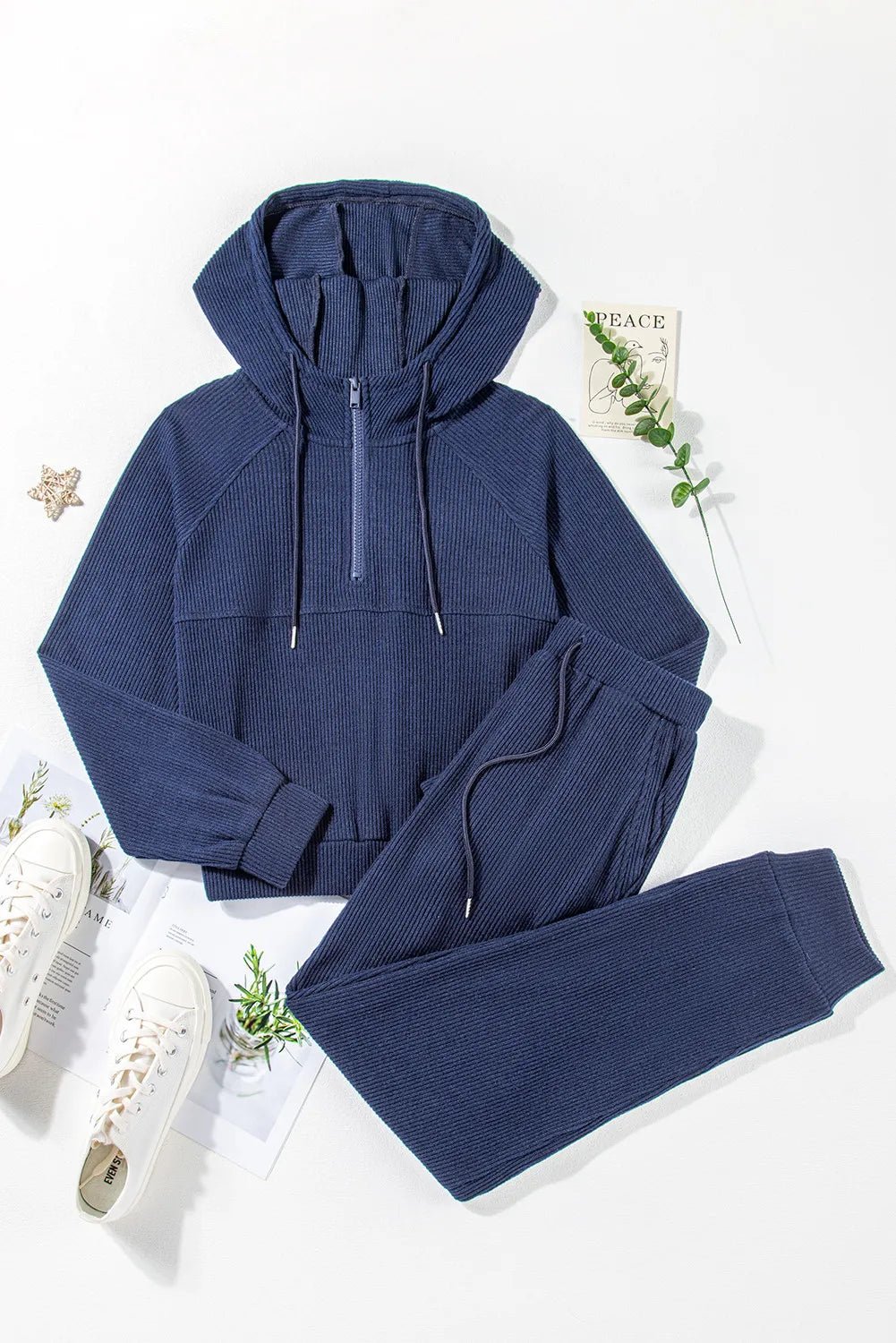 Women's half-zip drawstring hoodie and matching jogger lounge set, Trendsi 2-piece sweat suit, casual activewear ensemble