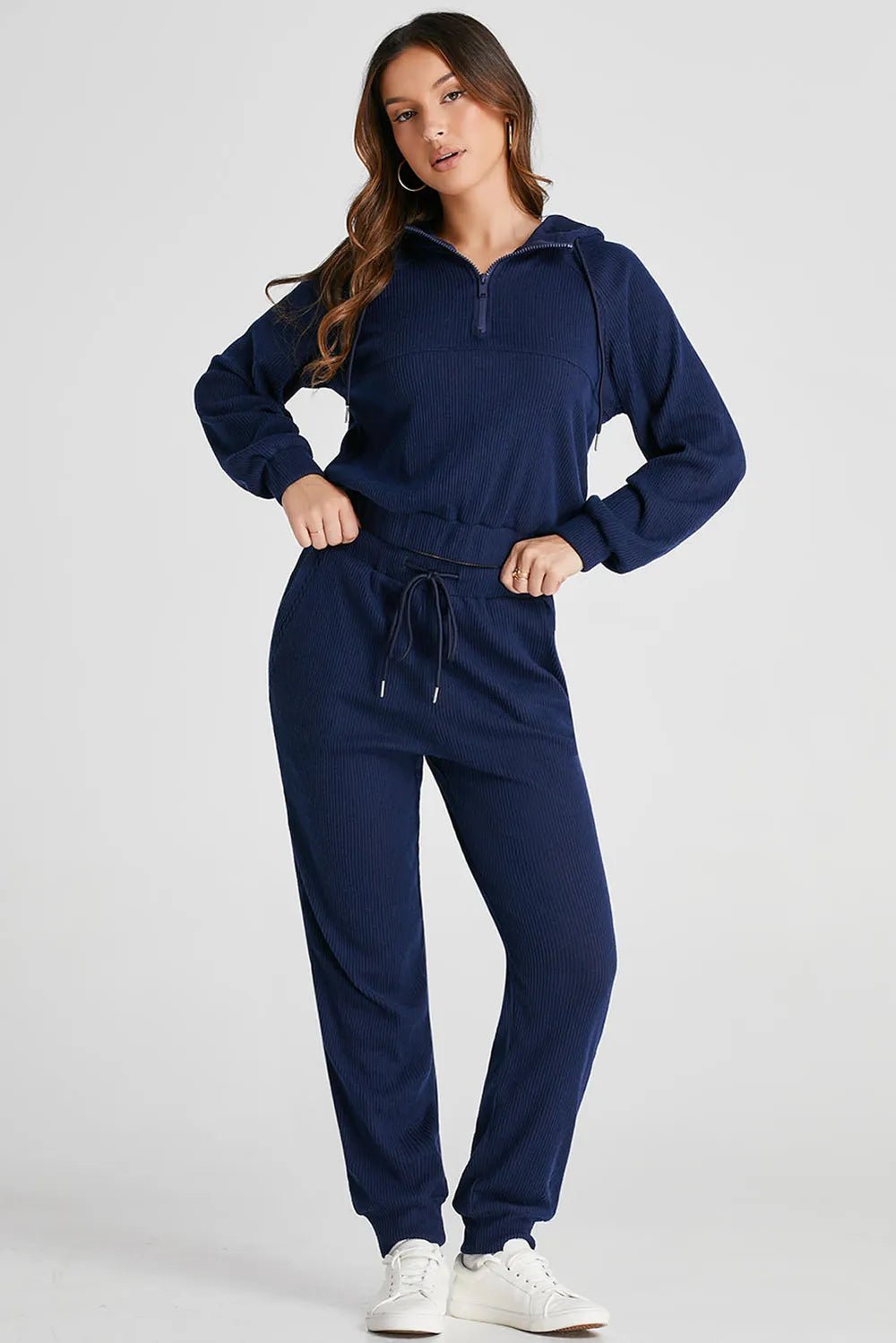 Women's half-zip drawstring hoodie and matching jogger lounge set, comfortable 2-piece activewear from Trendsi.