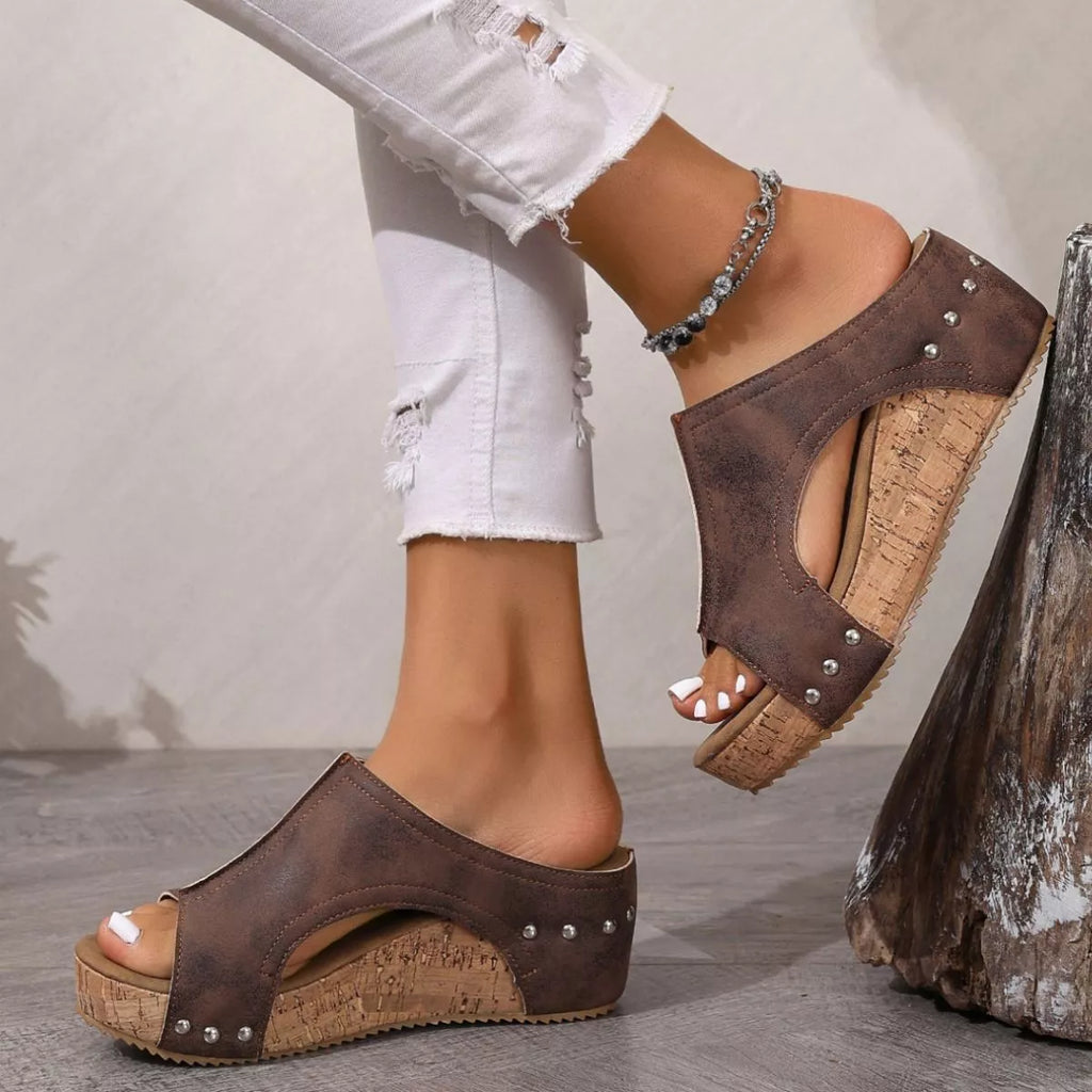 Open toe wedge sandals by Plush Fashion Hub featuring tan straps and a comfortable cork wedge heel.