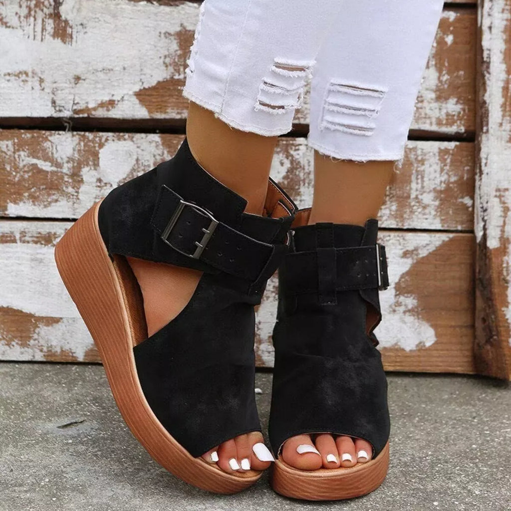 Open toe wedge sandals by Plush Fashion Hub featuring a stylish design with a comfortable platform heel.