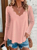 Elegant women's eyelet long sleeve blouse by Trendsi, featuring stretchy fabric and a versatile office-ready design.