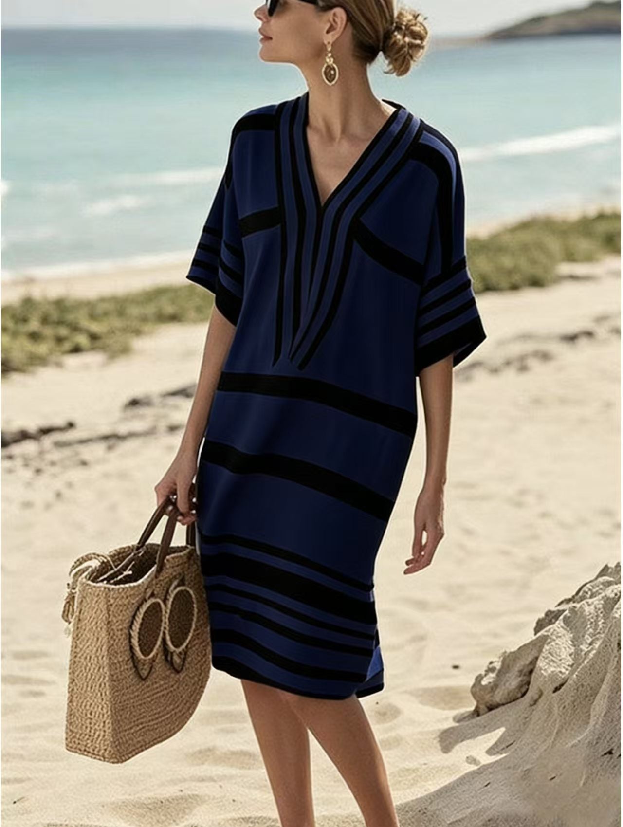 Plus size women's striped midi dress with half-sleeves, casual chic style, perfect for everyday wear by Trendsi.