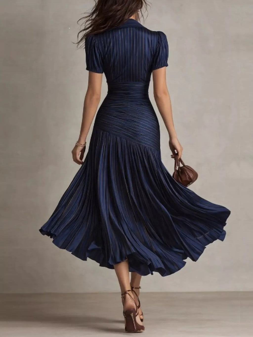 Pleated striped short sleeve midi dress by Trendsi featuring a flowy silhouette and classic pattern, perfect for casual and semi-formal wear.
