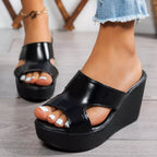 Open toe wedge sandals by Plush Fashion Hub featuring tan straps and a sturdy cork wedge heel, perfect for summer wear.