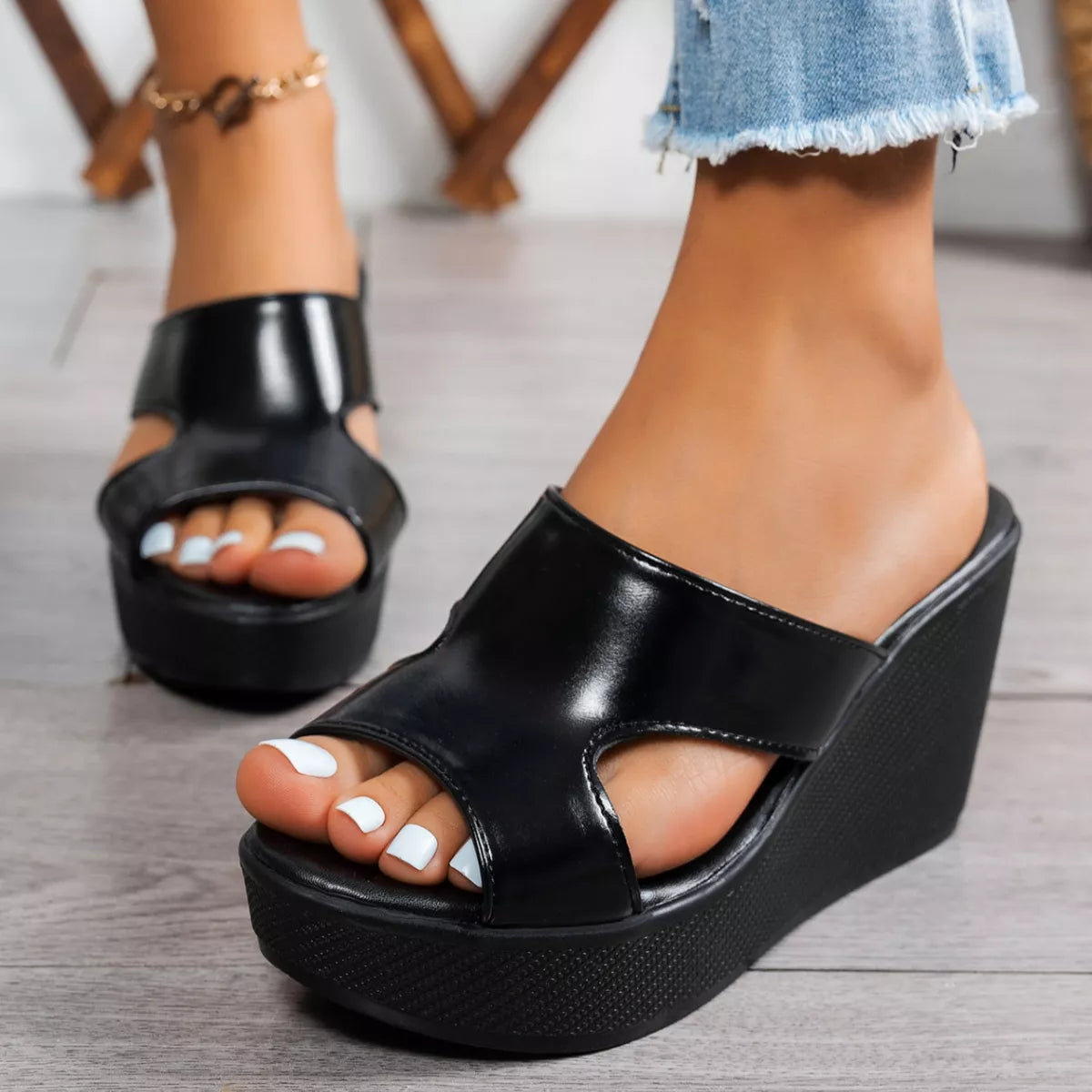 Open toe wedge sandals by Plush Fashion Hub featuring tan straps and a sturdy cork wedge heel, perfect for summer wear.