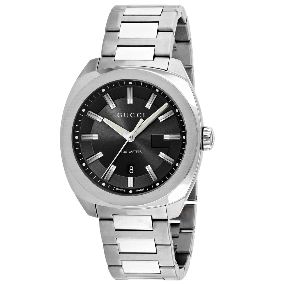 Gucci GG2570 men's watch with a stainless steel link bracelet, round silver case, and dark grey sun-brushed dial.