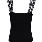 Black camisole top featuring dual shoulder straps with white "LOVE" lettering. Square neckline and fitted silhouette.