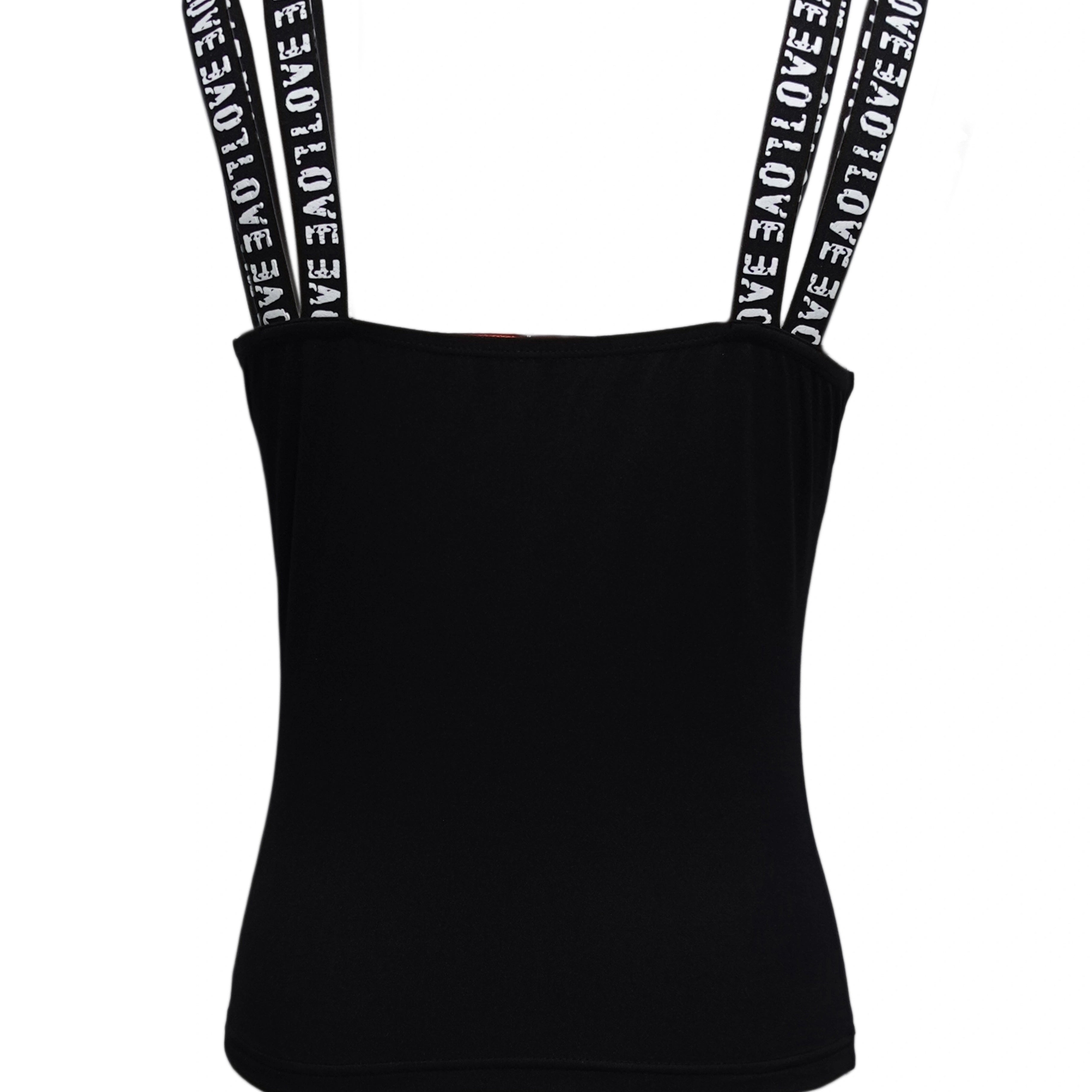Black camisole top featuring dual shoulder straps with white "LOVE" lettering. Square neckline and fitted silhouette.