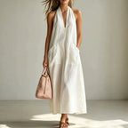 Cotton halterneck sleeveless deep V-neck casual dress by FitiqueFit, loose fit with straight-line design, ideal for warm weather.
