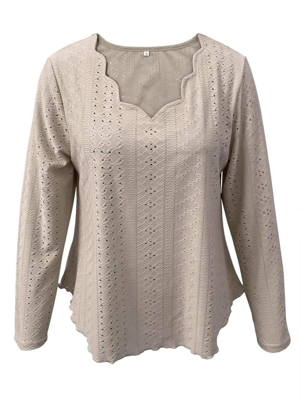 Elegant women's eyelet long sleeve blouse from Trendsi, featuring a versatile stretchy office top with eyelet detail and long sleeves.