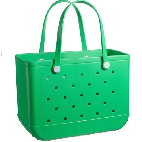Bright green, rectangular waterproof EVA jelly beach tote with a perforated body and two matching handles.