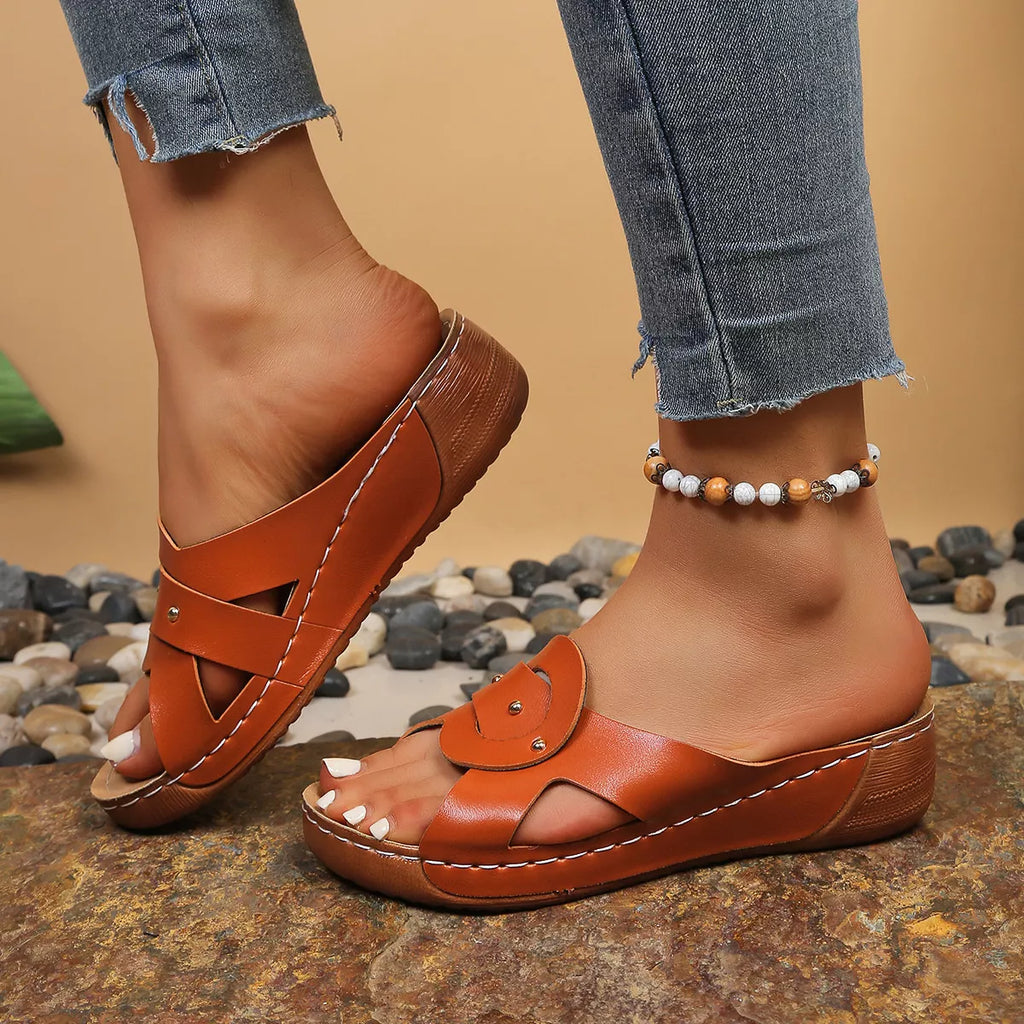Open toe wedge sandals by Plush Fashion Hub featuring a stylish design and comfortable platform sole.