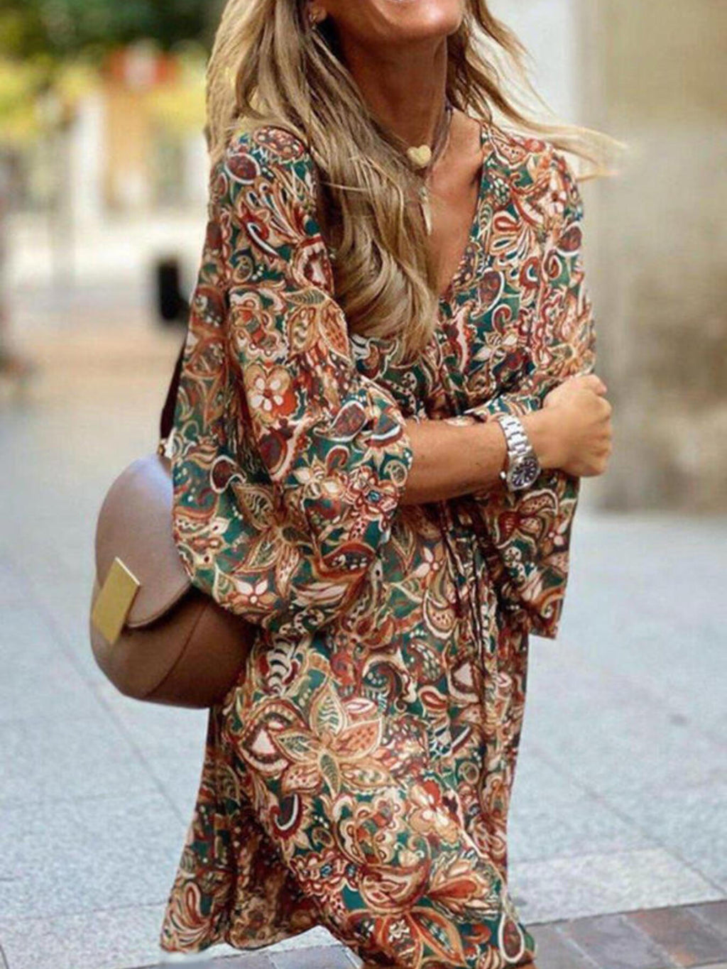 Paisley print balloon sleeve mini dress by Trendsi featuring boho style and a flowy silhouette, perfect for stylish parties.