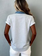 Denim trim short sleeve shirt from Trendsi, casual top with denim accents, displayed on a neutral background.