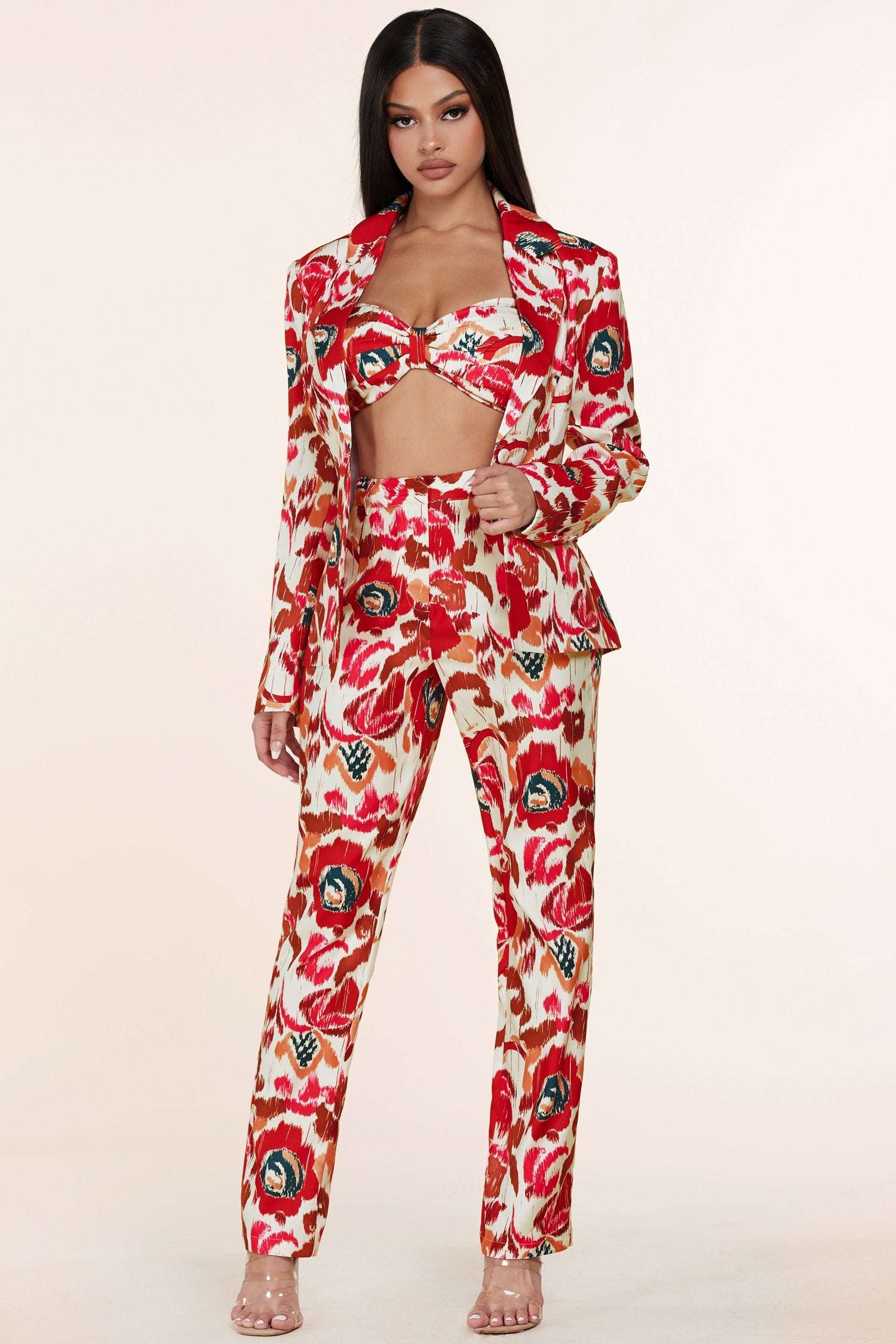 Fasheabe 3pc Flower Print Bandeau Top Pants Set Fasheabe