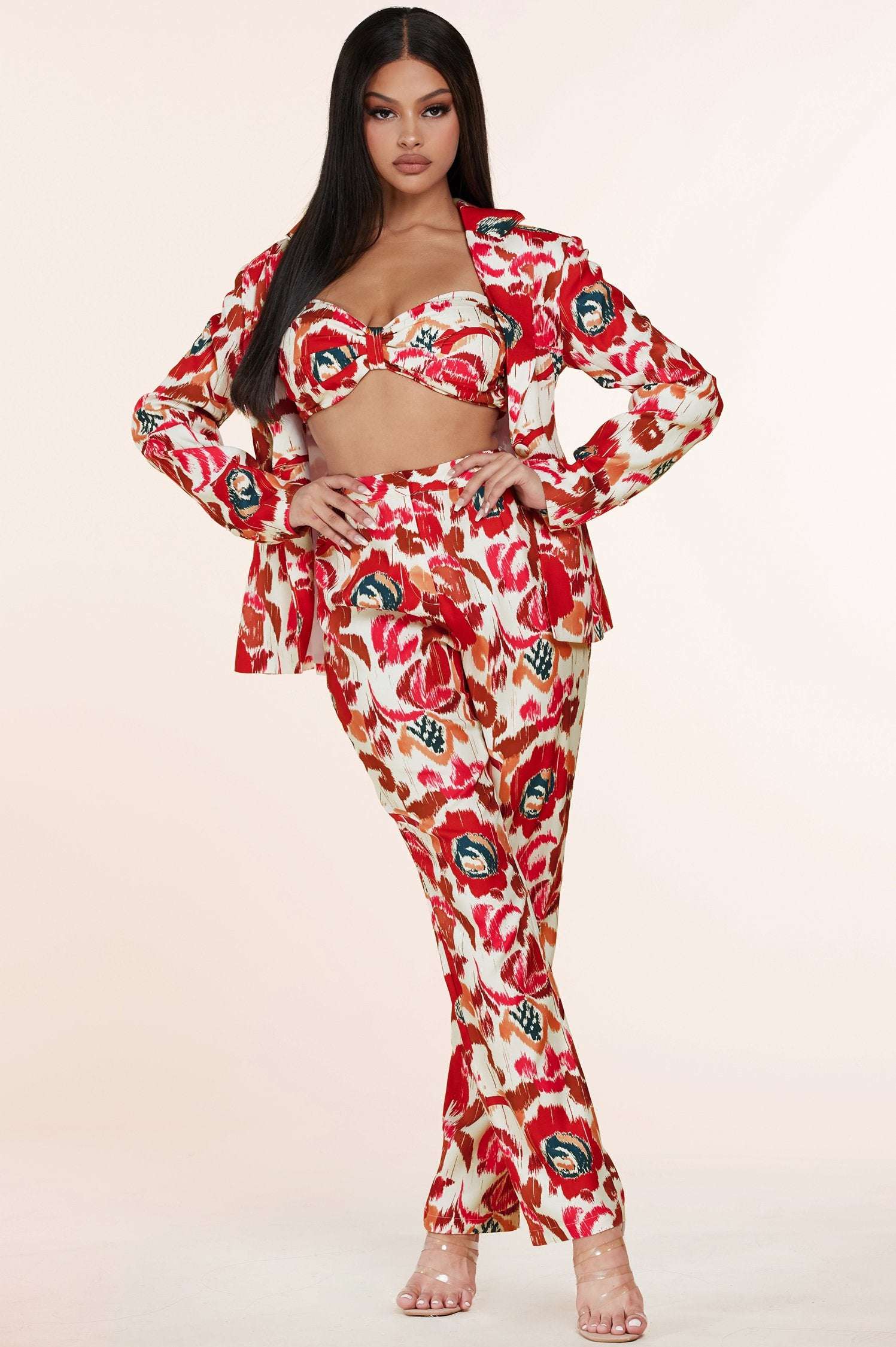 Fasheabe 3pc Flower Print Bandeau Top Pants Set Fasheabe