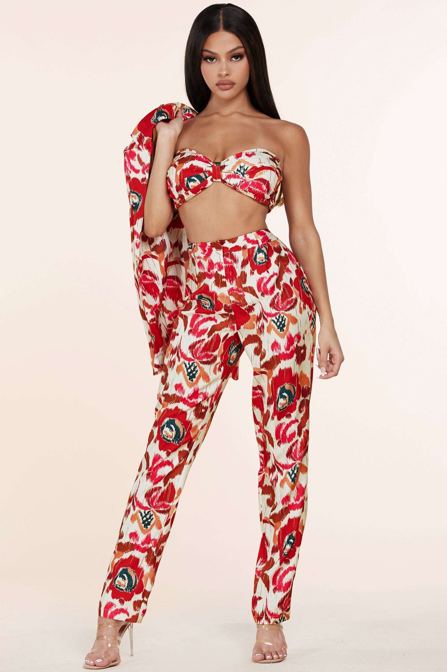 Fasheabe 3pc Flower Print Bandeau Top Pants Set Fasheabe