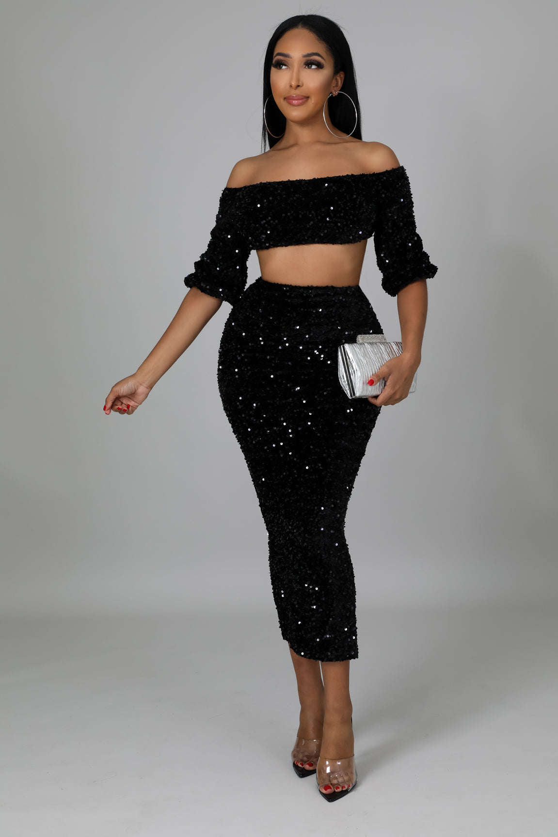 Fasheabe Sequin Matching Crop Top Midi High Waisted Skirt Set - Black Fasheabe
