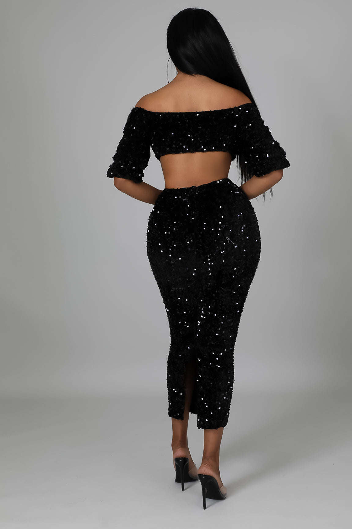 Fasheabe Sequin Matching Crop Top Midi High Waisted Skirt Set - Black Fasheabe