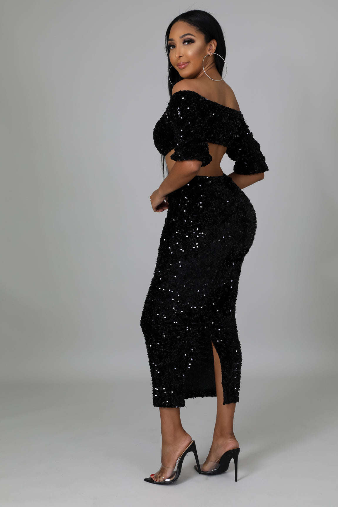Fasheabe Sequin Matching Crop Top Midi High Waisted Skirt Set - Black Fasheabe