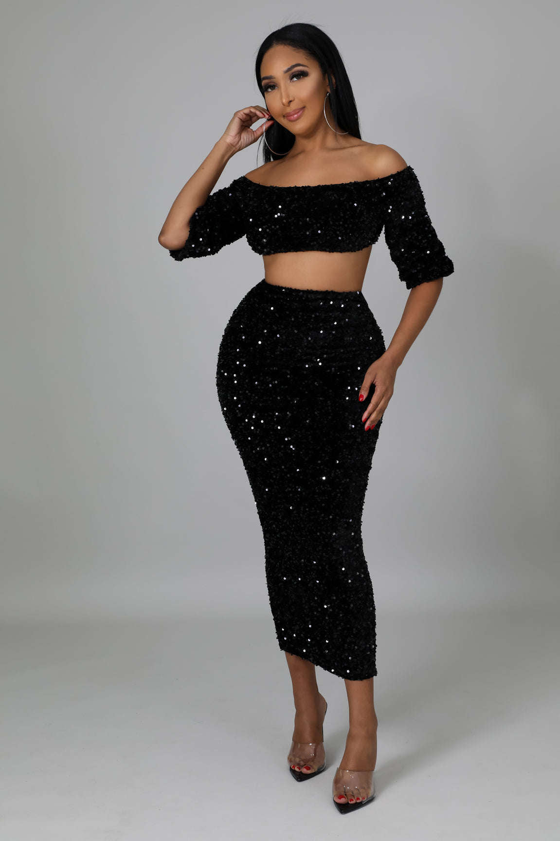 Fasheabe Sequin Matching Crop Top Midi High Waisted Skirt Set - Black Fasheabe