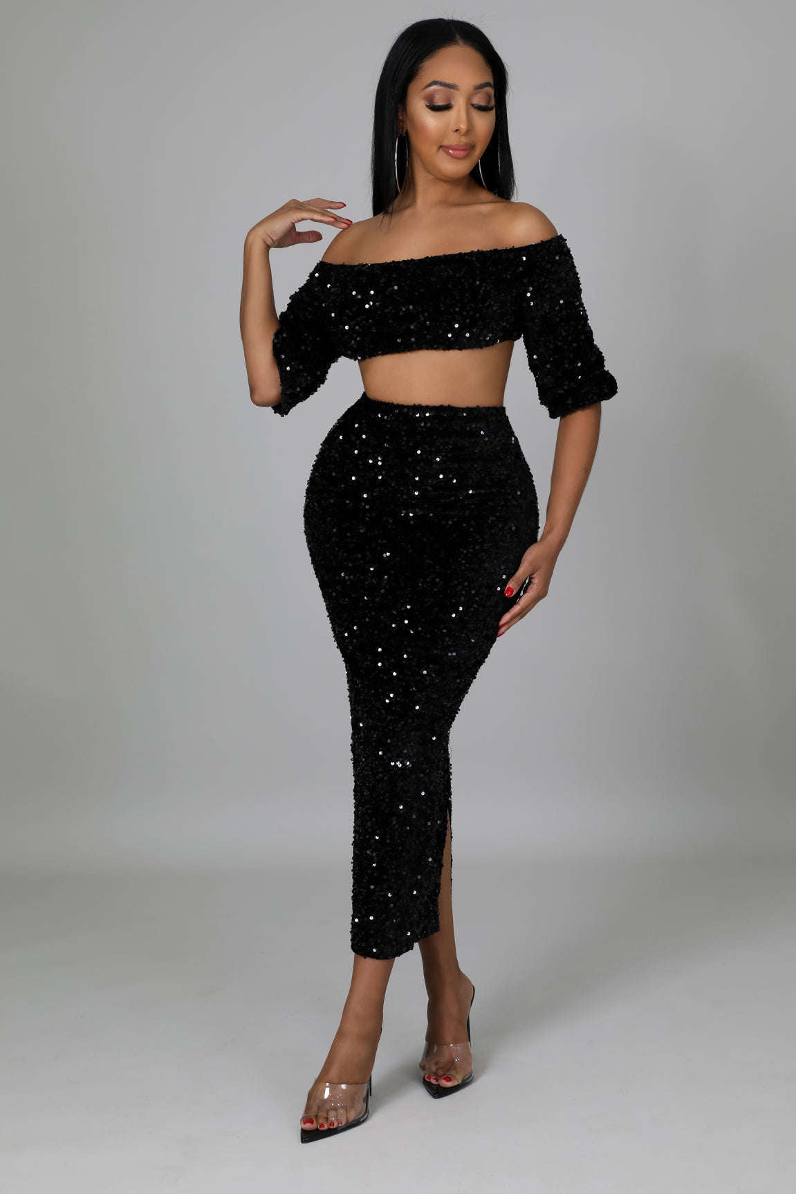 Fasheabe Sequin Matching Crop Top Midi High Waisted Skirt Set - Black Fasheabe