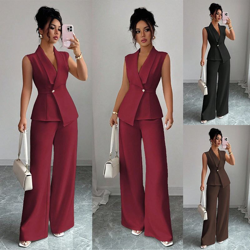 Women's Sleeveless Blazer & Straight-Leg Pants Two-Piece Set FitiqueFit