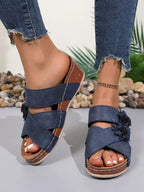 Women's floral crisscross wedge sandals with mid-heel, summer shoes, featuring colorful flower patterns and comfortable design.