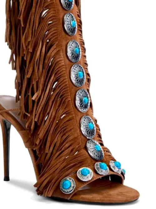 Fringe Lace Up High Heel Sandal - Plush Fashion Hub