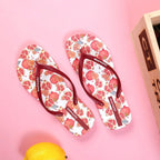 Women's vibrant fruit print summer toe post sandals with lightweight beach flats, featuring colorful fruit designs and comfortable slip-on style.