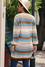 Women's striped openwork long sleeve cardigan featuring casual knitwear, with a relaxed fit and openwork design.