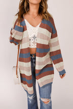 Women’s striped openwork long sleeve cardigan by Trendsi, casual knitwear with airy openwork pattern and fitted long sleeves.
