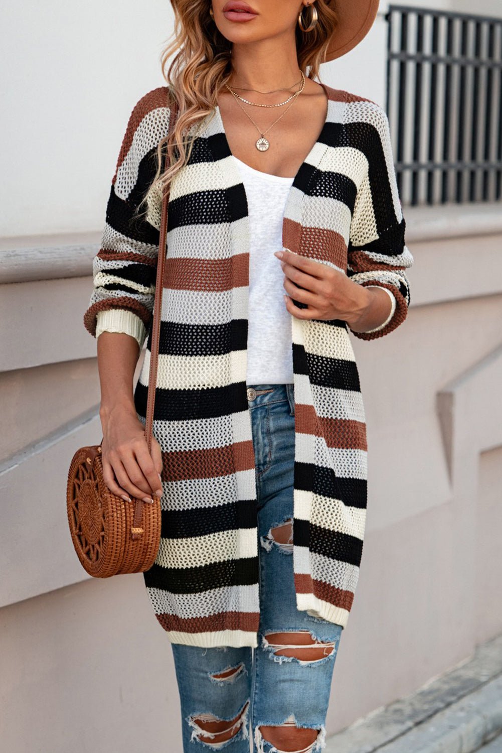 Full Size Striped Long Sleeve Openwork Cardigan - Plush Fashion Hub