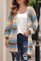 Women's striped openwork long sleeve cardigan by Trendsi, casual knitwear with breathable openwork design and relaxed fit.