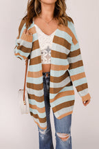 Women's striped openwork long sleeve cardigan from Trendsi, casual knitwear with a lightweight, open-knit pattern and relaxed fit.