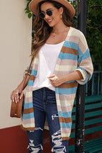 Women’s striped openwork long sleeve cardigan, casual knitwear by Trendsi, featuring a lightweight, open-knit design and relaxed fit.