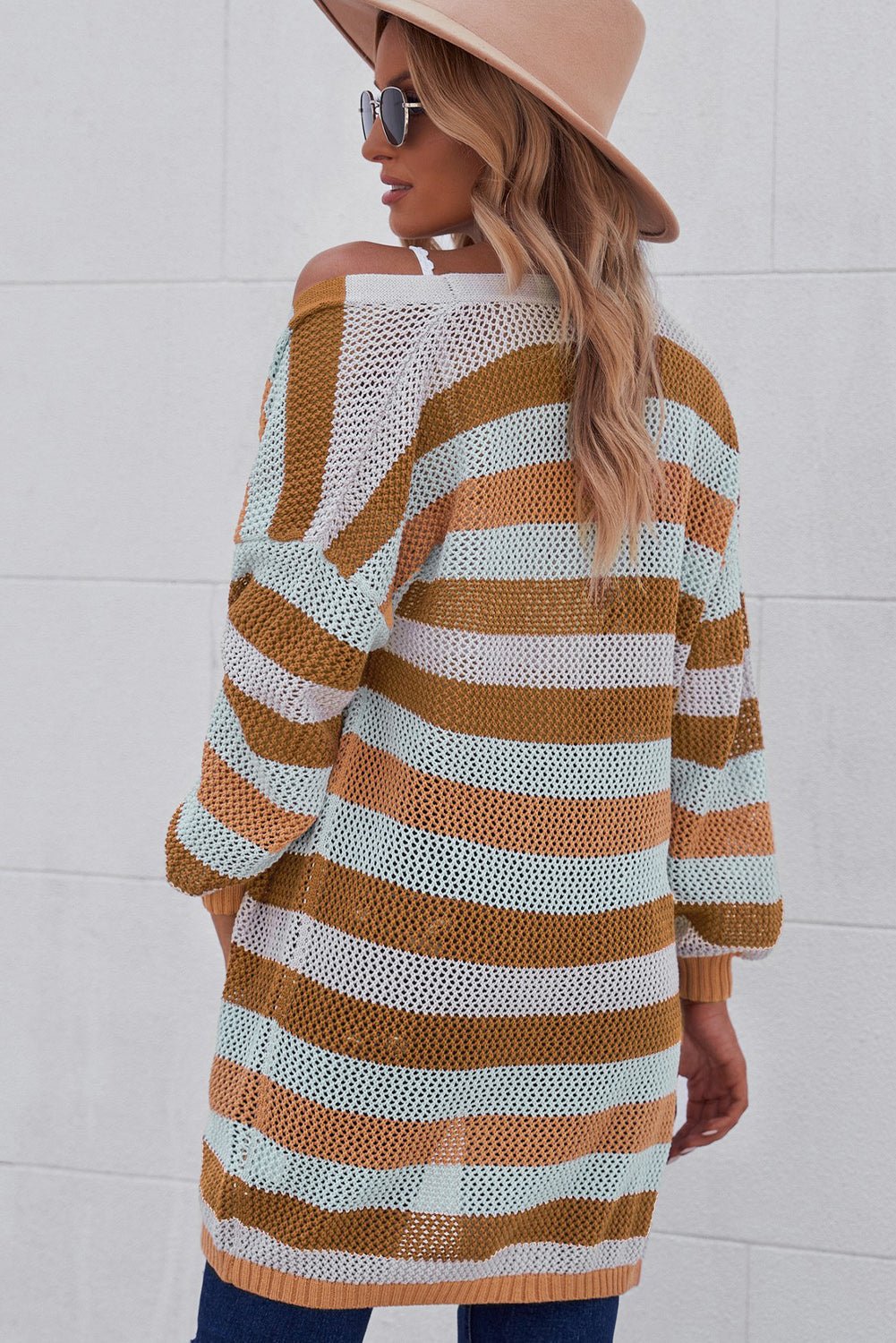 Women's striped openwork long sleeve cardigan, casual knitwear by Trendsi, showing full view of the stylish, lightweight sweater.