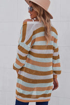 Women's striped openwork long sleeve cardigan, casual knitwear by Trendsi, showing full view of the stylish, lightweight sweater.