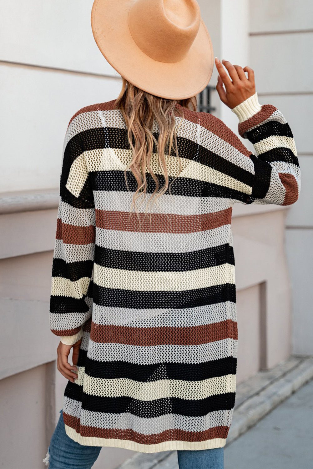 Women's striped openwork long sleeve cardigan, casual knitwear in a relaxed fit, featuring openwork design and versatile style.